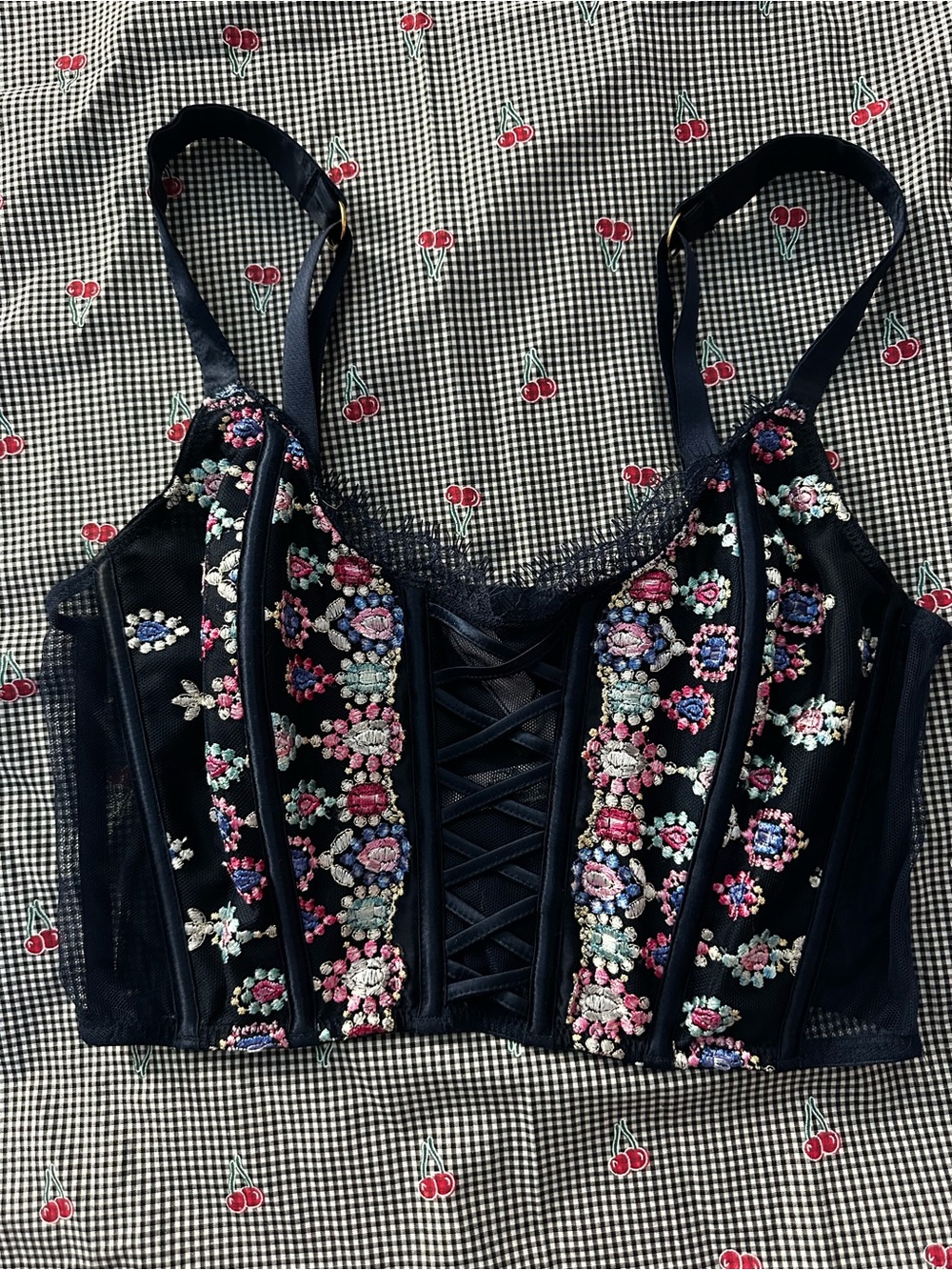 Victoria's Secret Navy Embroidered Lace-Up Corset Tank